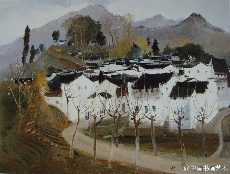 吴冠中《乡村》 【赏析】这幅《乡村》是是一幅极具吴冠中个人特色的墨彩画。乡村的题材，景物的轻描，和谐的氛围，厚重的墨汁点化出层层的户落。作者似乎在以鸟瞰和俯视的姿态，告诉我们什么是生活，什么是乡村生活，风筝线不断，乡情更不会断。