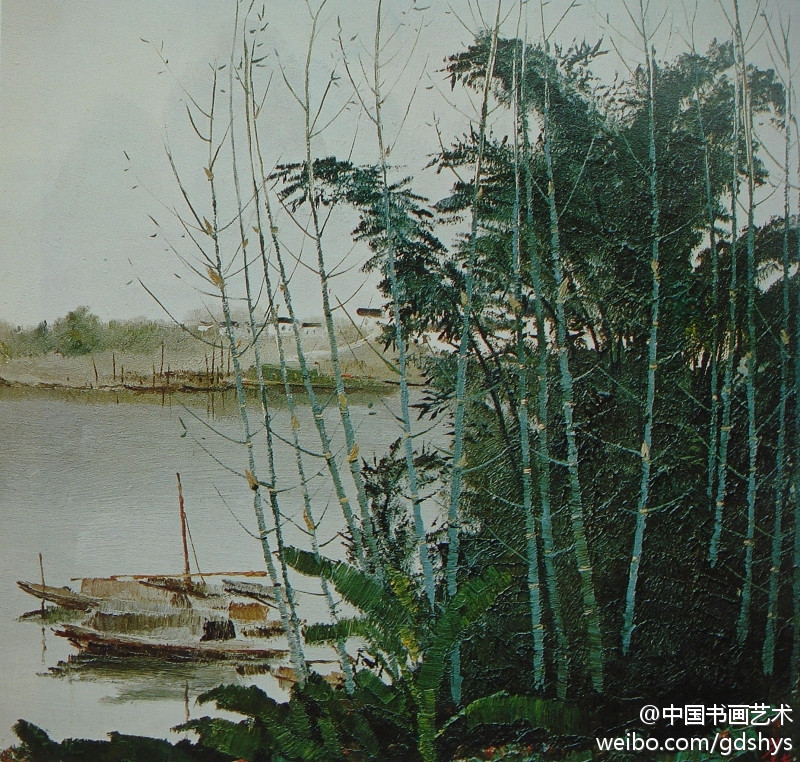 吴冠中《竹林人家》 【赏析】吴冠中将油画描绘自然的直观生动性、色彩的丰富细腻性与中国传统艺术精神、审美理想融合在一起，把诗情画意运用点、线、面等基础元素表现出来，成功结合了笔墨的细腻与油画特有的色彩特质，将原本具象的风景赋予更深层纯粹的抽象意念与美感。