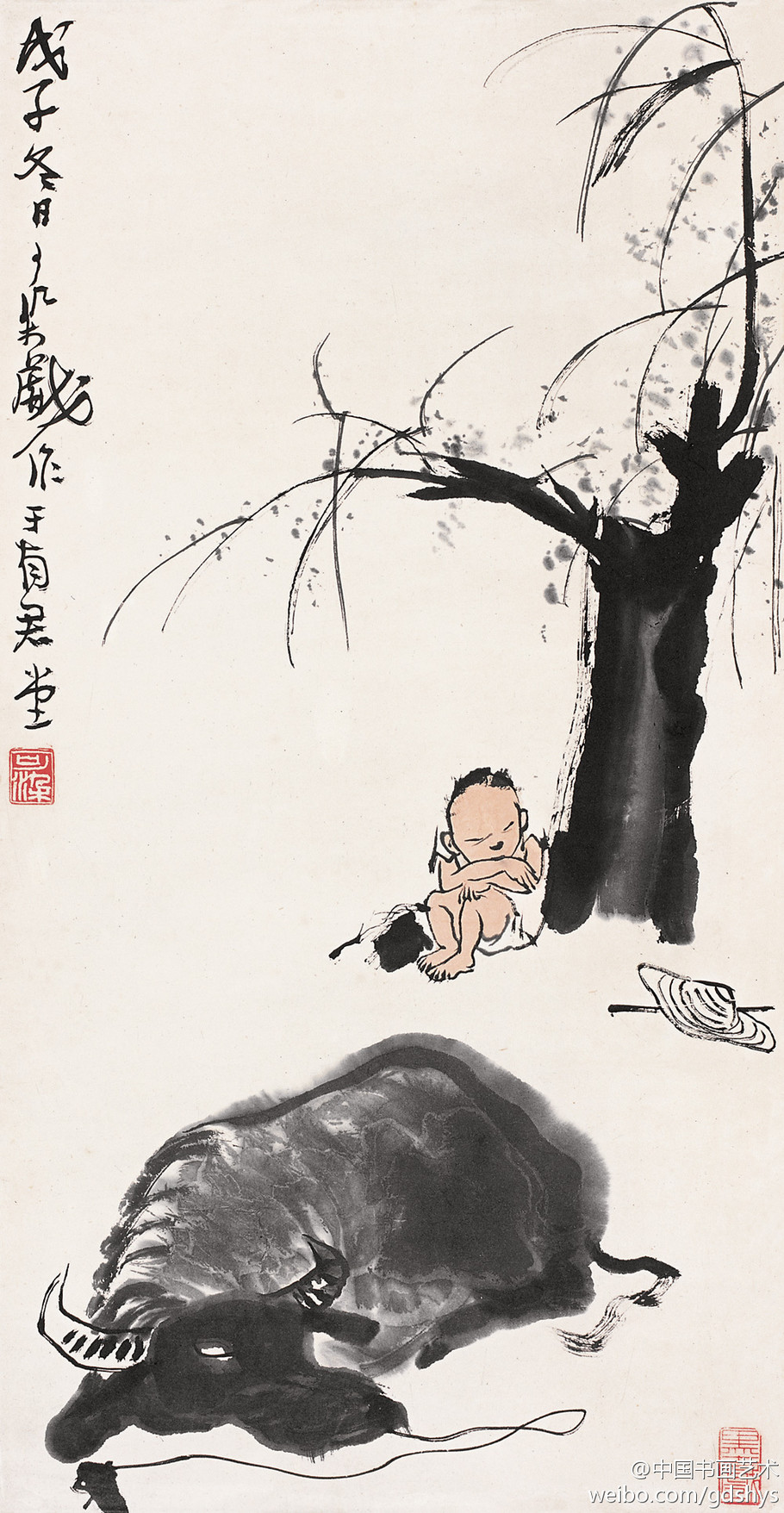 李可染《牧牛图》 【赏析】李可染先生是画牛高手，画室取名“师牛堂”。画牛，是李可染艺术生涯的永恒主题之一。“牧牛图”就像一首浸透着质朴深情的田园诗，使观者不断领略到一缕温馨的气息，激发人类对朴素平淡生活的向往之情。